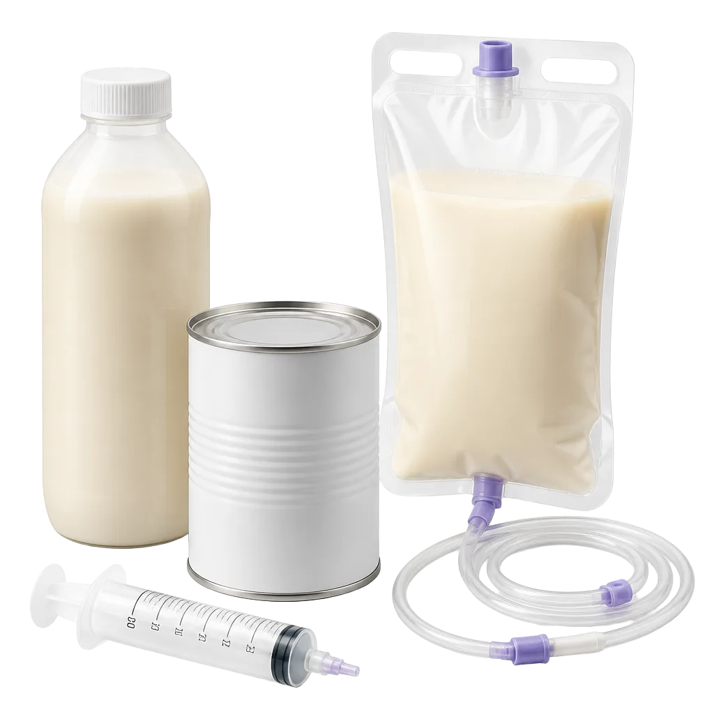 Composição com frasco de dieta enteral, lata neutra, bolsa com equipo e seringa dosadora